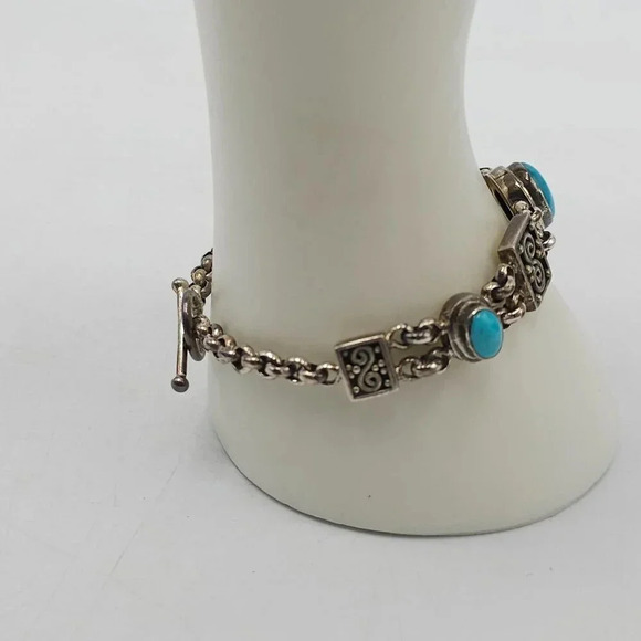 Turquoise Sterling Silver 925 Vintage Bracelet Intricate Design Toggle Clasp - Picture 2 of 7